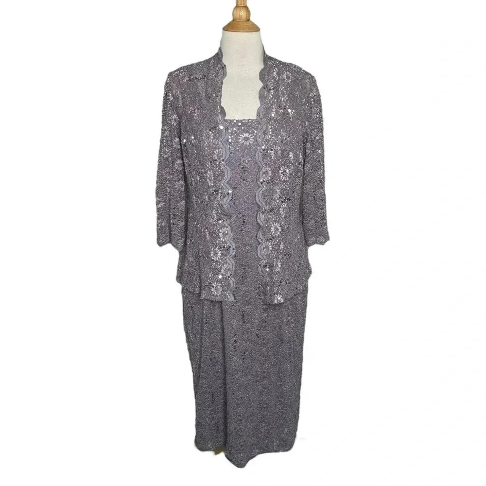 Alex‎ Evenings 8 elegant silver lilac lace midi dress + matching lace jacket